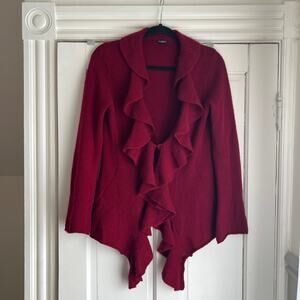 Magaschoni Cashmere Ruffled Open Long Cardigan Cranberry Red Small